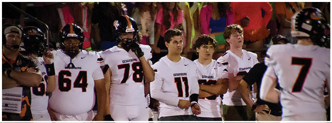 A football game is taking place on a field with players wearing blue and white uniforms. Description generated by AI