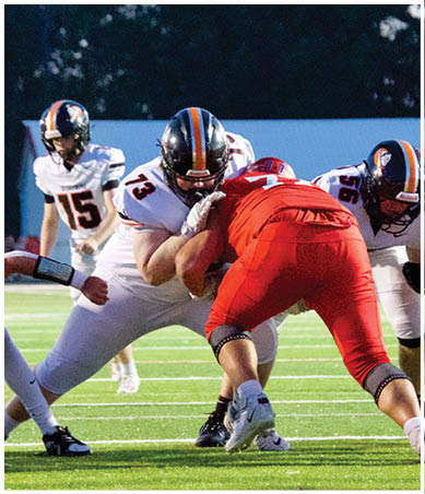 A football player wearing a blue and red jersey. Description generated by AI