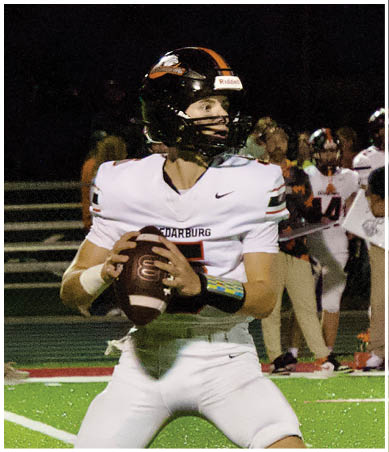 A football player wearing a blue and red jersey. Description generated by AI