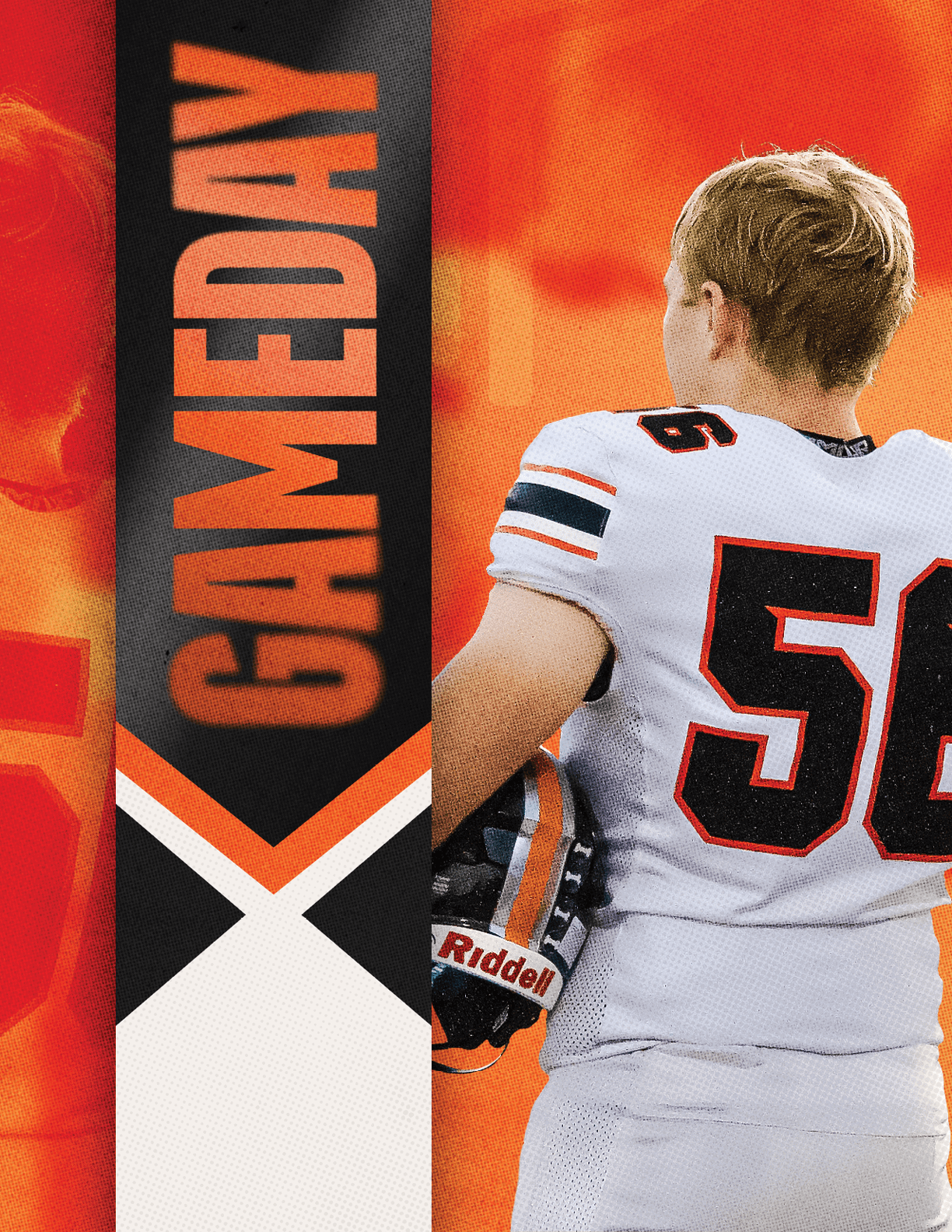 A football player in a white jersey with the number 44 on it. Description generated by AI