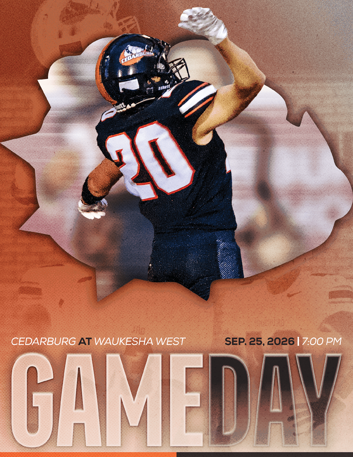 A person wearing a football helmet and uniform is centered with a blurred background and text reading Sun Prairie East vs Blue Shakers Cardinals and the year 2026. Description generated by AI