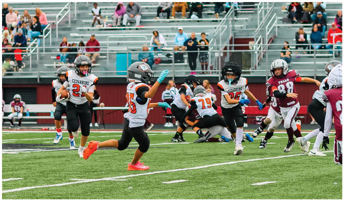 A football game is taking place on a field with players wearing blue and white uniforms. Description generated by AI