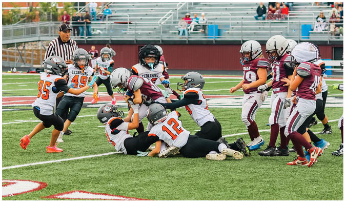 A football game is taking place on a field with players wearing blue and white uniforms. Description generated by AI