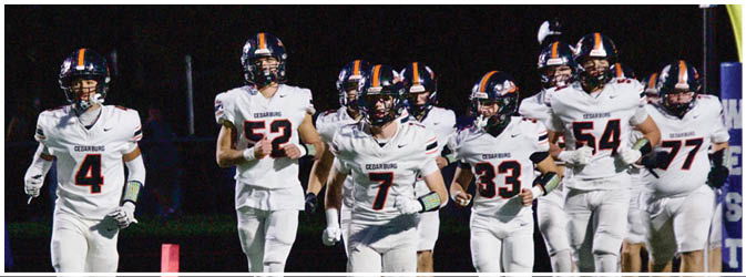 A football game is taking place on a field with players wearing blue and white uniforms. Description generated by AI
