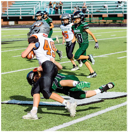 A group of football players celebrating a touchdown. Description generated by AI