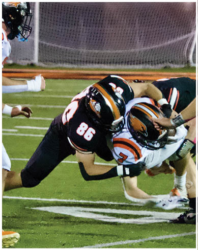 A football player wearing a blue and red jersey. Description generated by AI