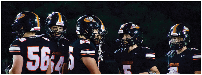 A football game is taking place on a field with players wearing blue and white uniforms. Description generated by AI