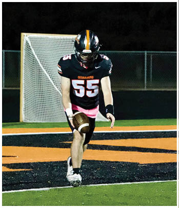 A group of football players celebrating a touchdown. Description generated by AI