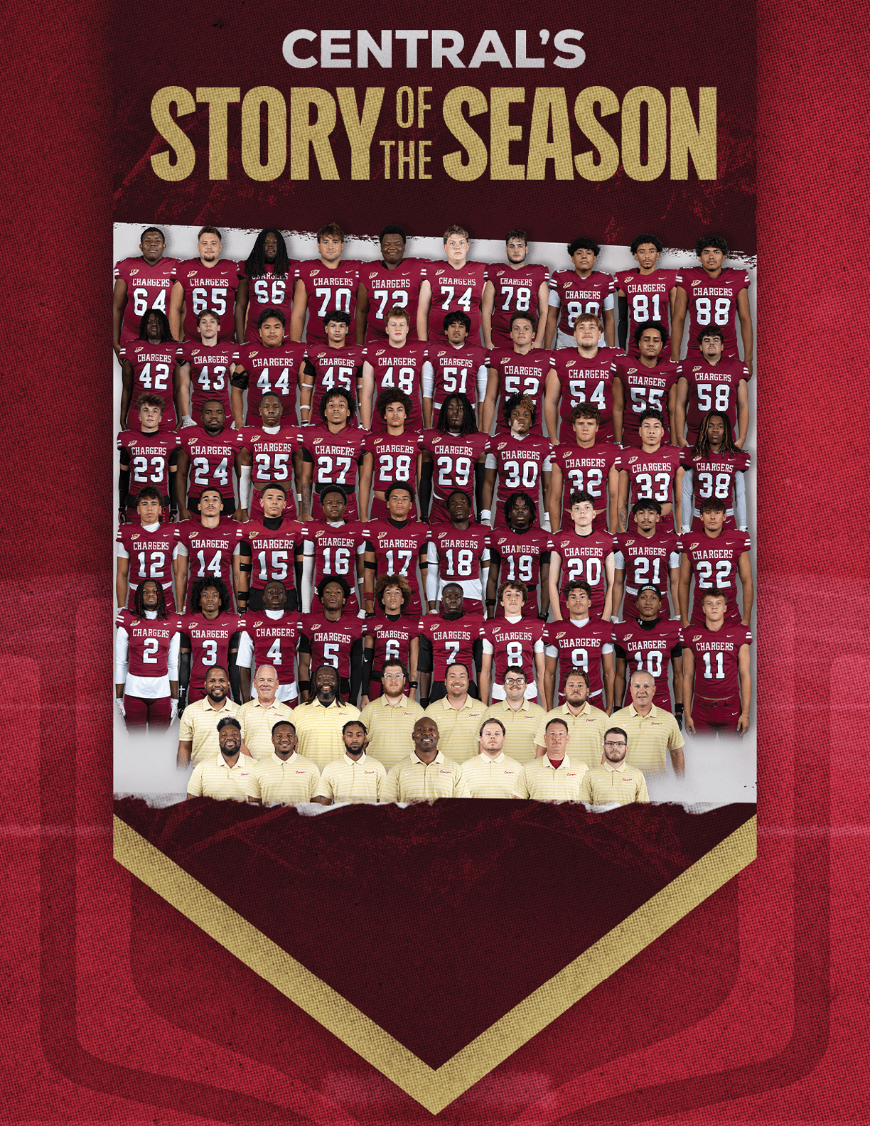 A large group of people wearing maroon sports uniforms and a smaller group in light-colored shirts pose together under the title Central's Story of the Season on a textured maroon background. Description generated by AI