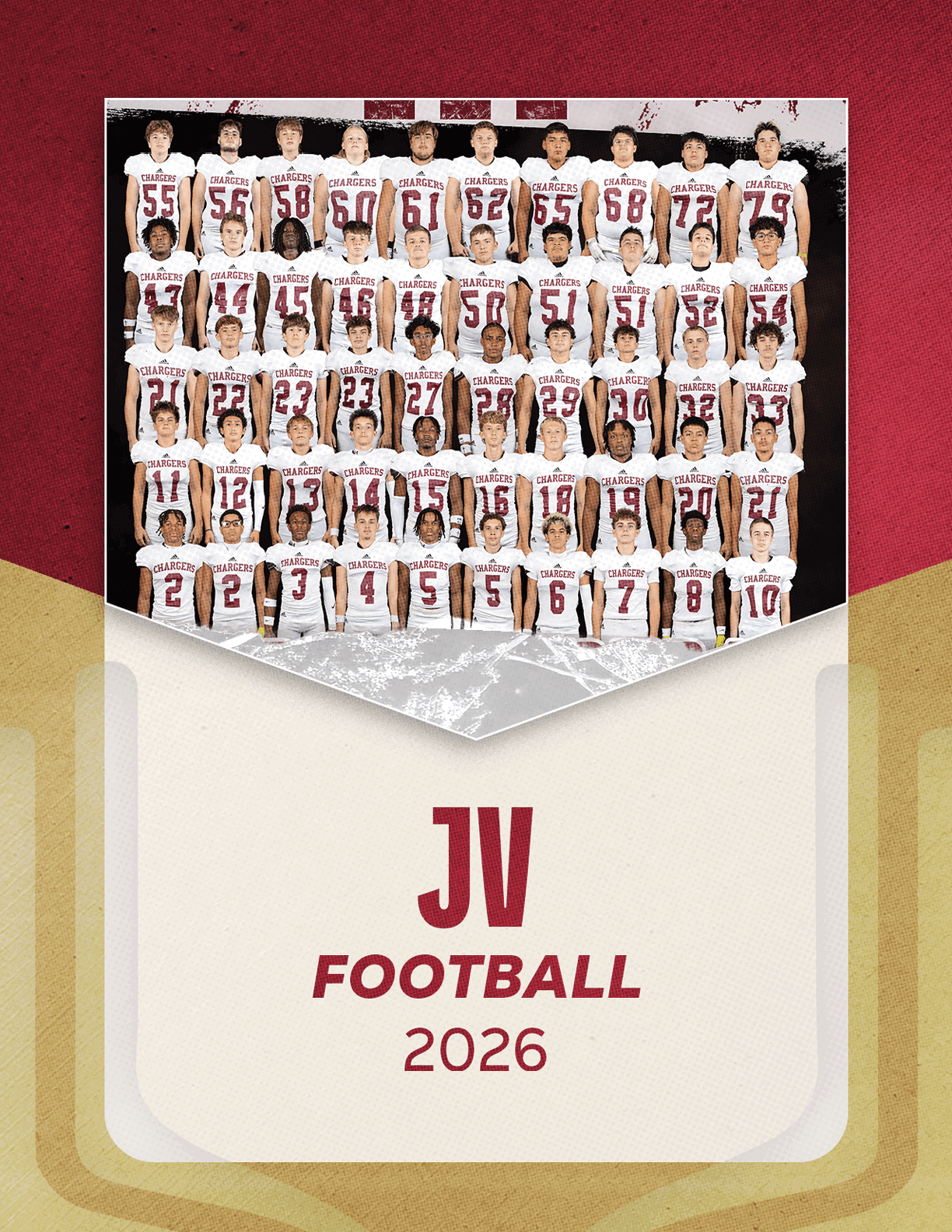 A large group of people wearing matching football uniforms pose in rows above text that reads JV Football 2026 on a maroon and beige background. Description generated by AI