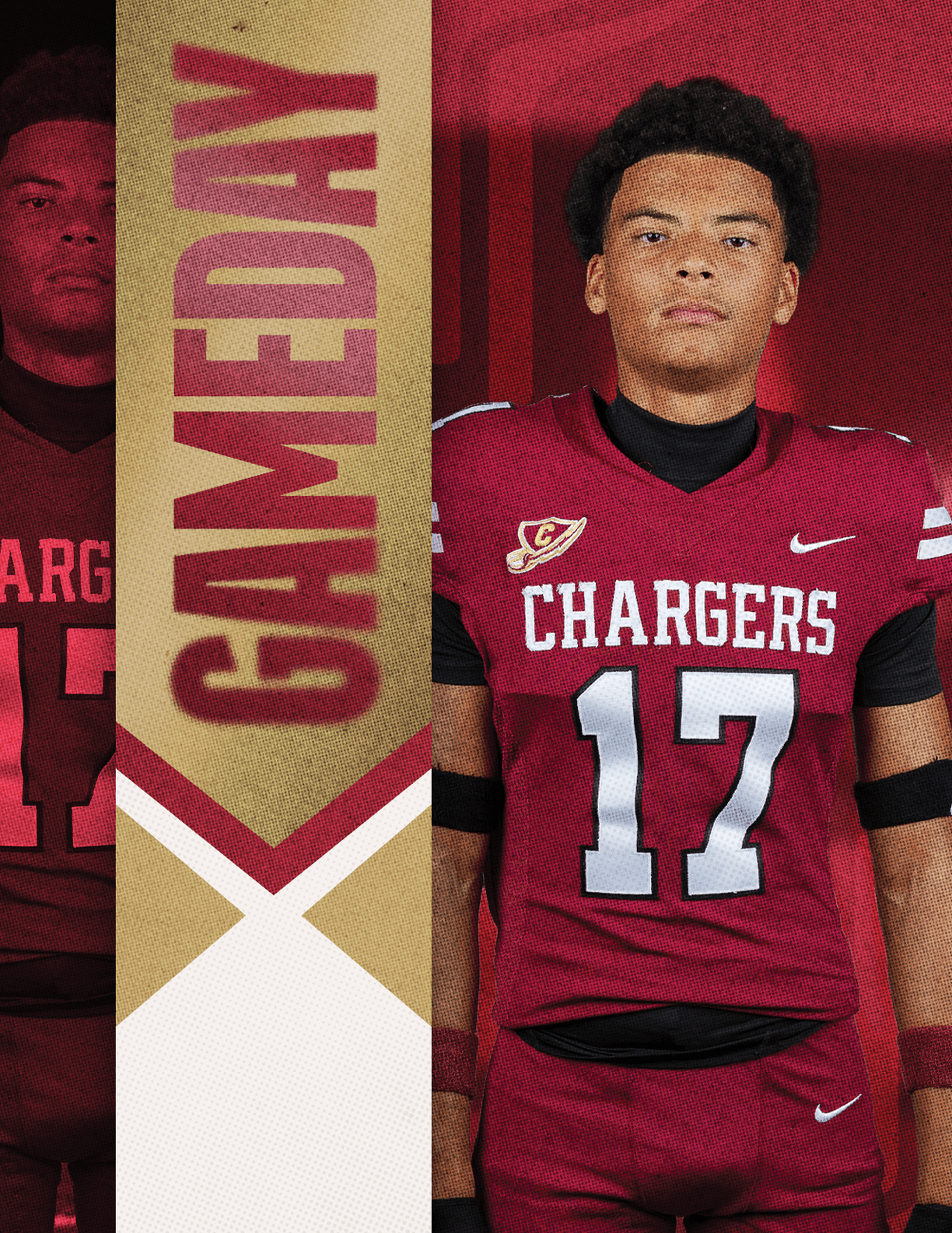 A person wearing a red football uniform with the number 17 and the word Chargers stands next to a vertical banner that reads Gameday. Description generated by AI