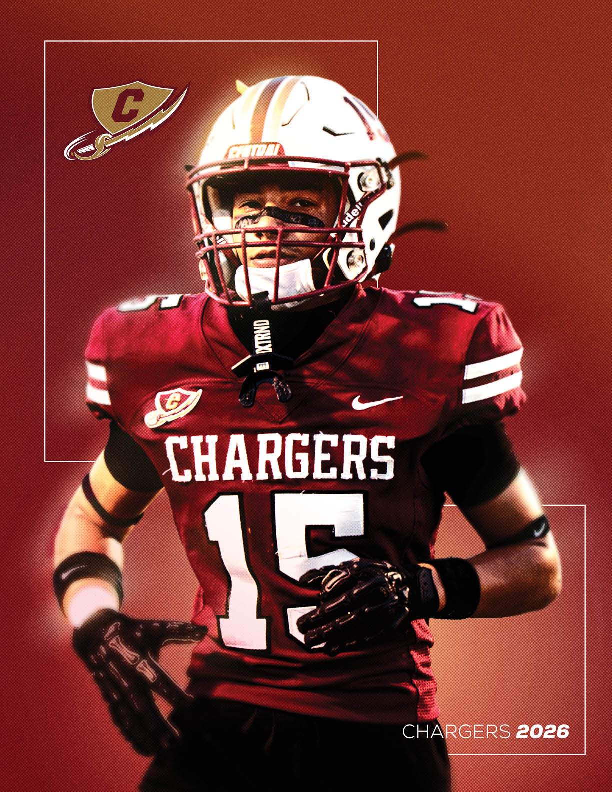 A person wearing a maroon football uniform with the number 15 and the word Chargers on the jersey stands against a maroon background with a Chargers logo and the text Chargers 2026. Description generated by AI