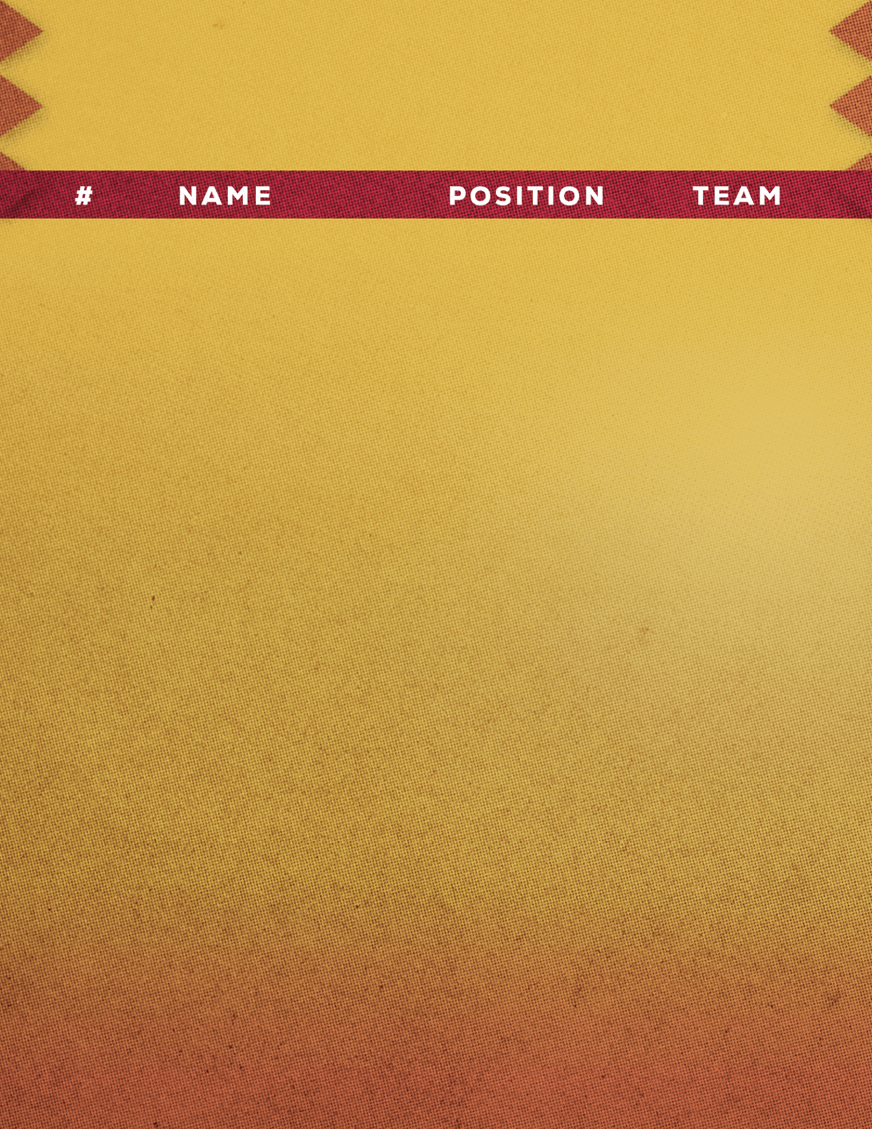 A yellow and red textured background with a red horizontal bar containing the words number, name, position, and team in white uppercase letters. Description generated by AI
