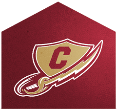 A stylized logo featuring a gold shield with a red letter C and a curved sword extending from the shield on a dark red textured background. Description generated by AI