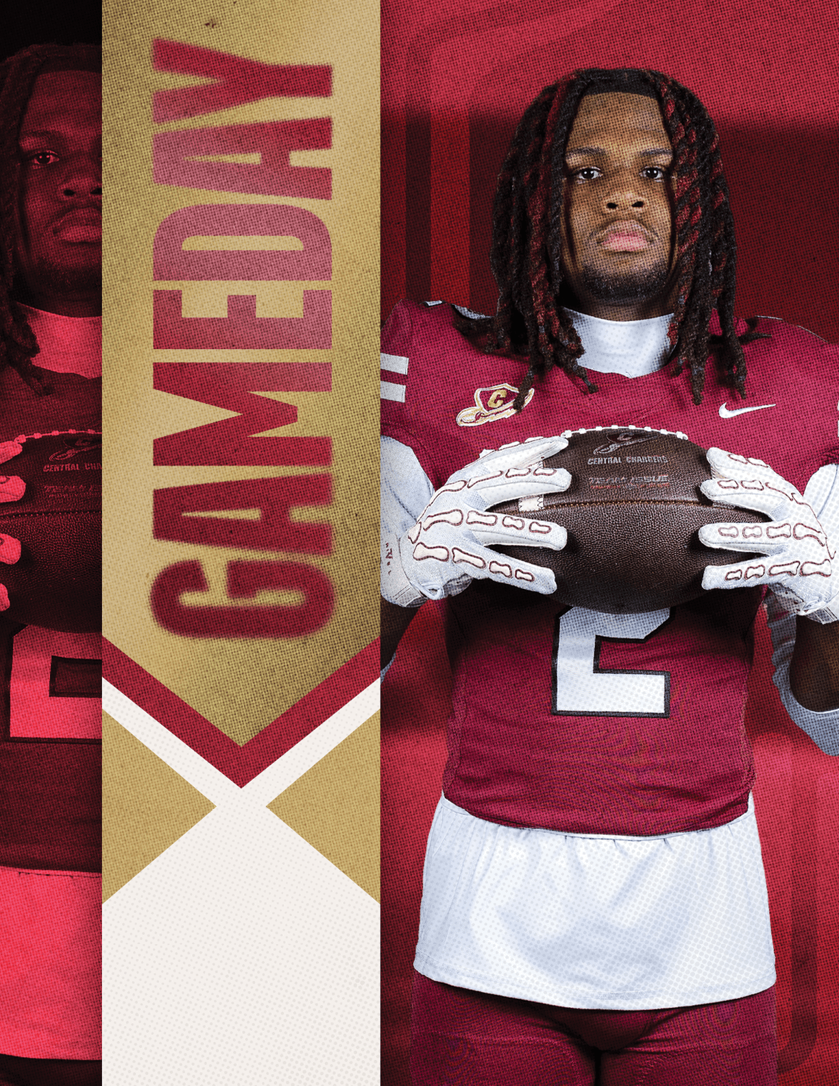 A person with long braided hair wearing a maroon football uniform with the number two holds a football in front of a red and gold background with the word gameday. Description generated by AI