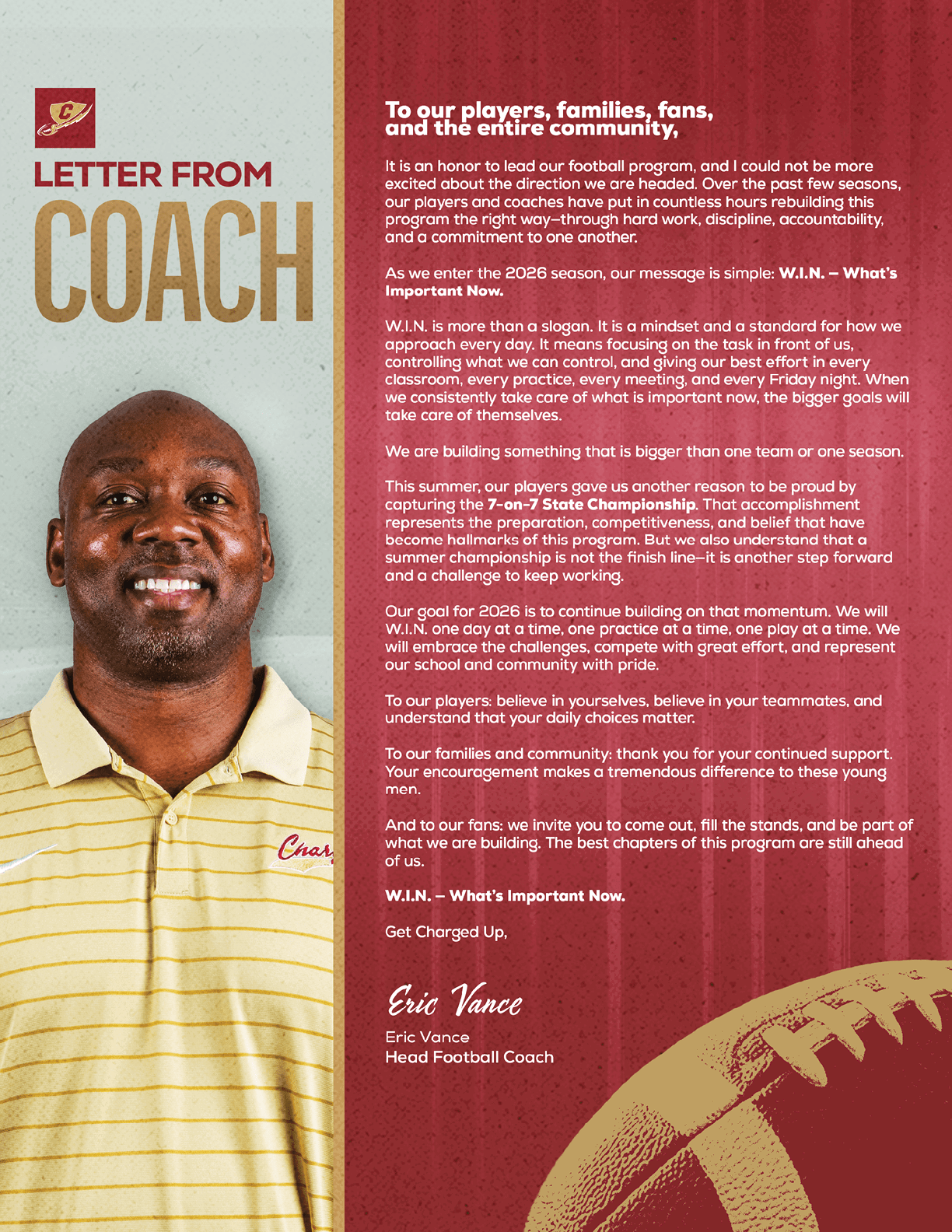 A person wearing a striped polo shirt smiles next to a letter from a football coach addressing players, families, and fans about team values and upcoming season goals. Description generated by AI