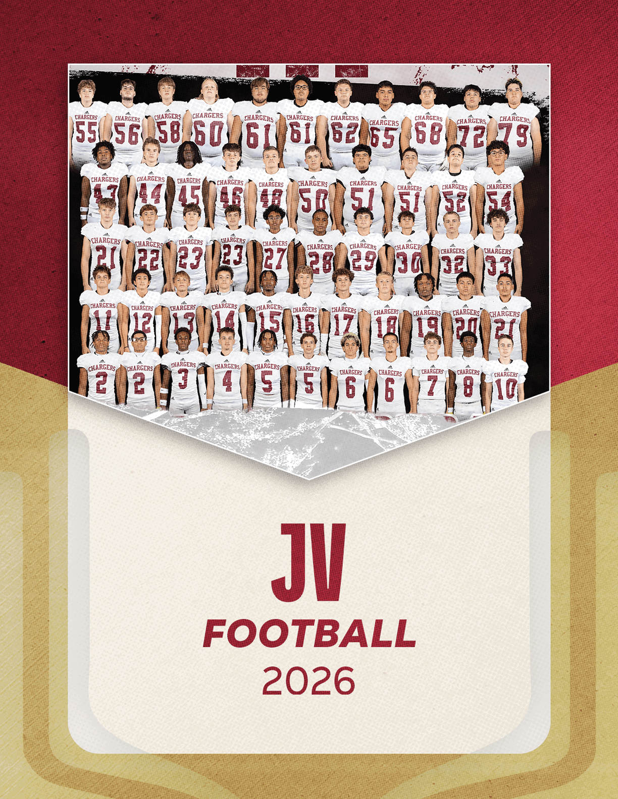 A large group of people wearing matching football uniforms pose for a team photo above the text JV Football 2026 on a maroon and beige background. Description generated by AI