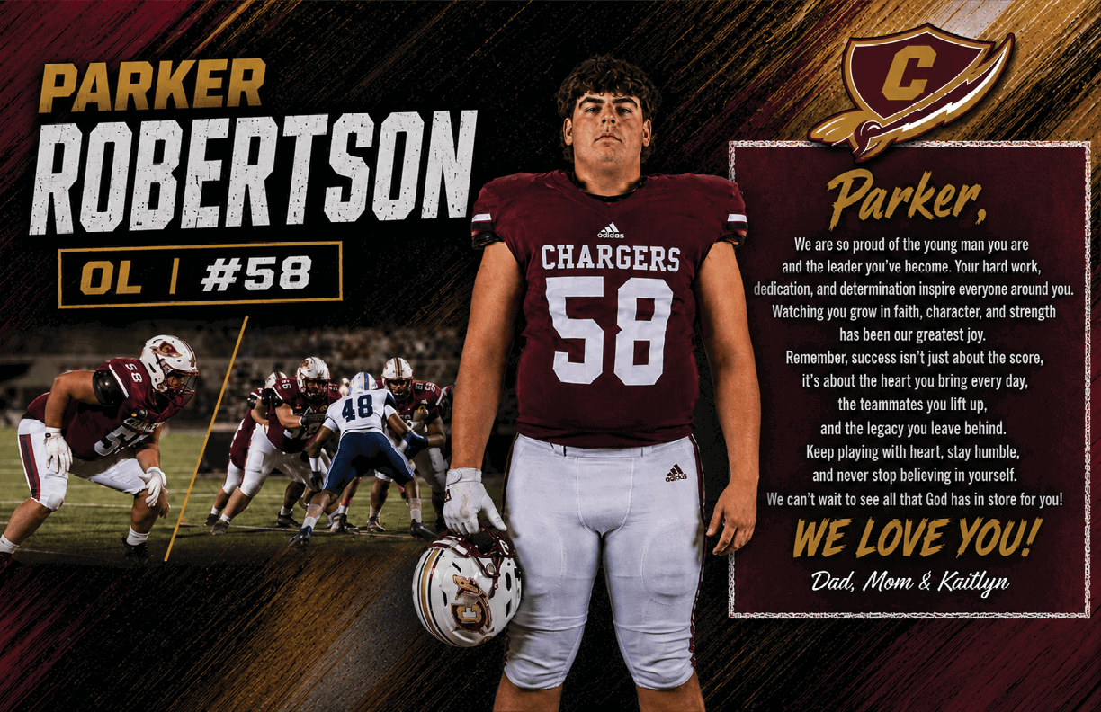A person in a football uniform with the number 58 stands confidently in the center with a helmet in hand, alongside action shots of a football game and a message expressing pride and encouragement from family. Description generated by AI