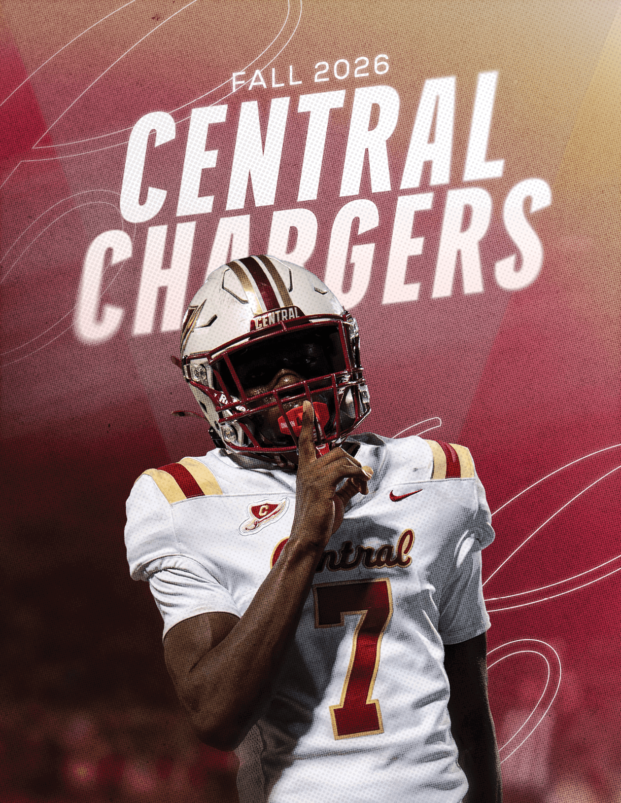 A person in a football uniform with the number seven is making a shushing gesture in front of a background that says Fall 2026 Central Chargers. Description generated by AI
