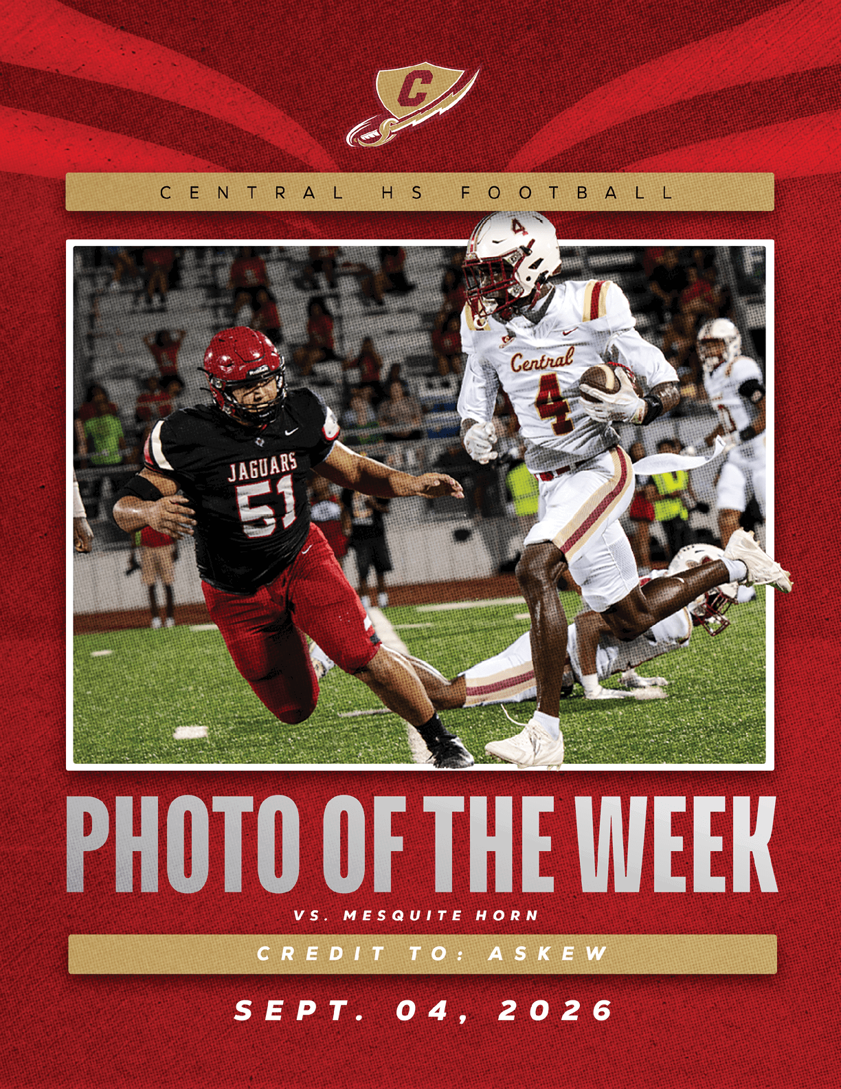A person in a white football uniform with the number 4 is running with the ball while another person in a black and red uniform with the number 51 attempts to tackle them on a football field during a game. Description generated by AI