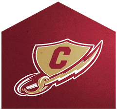 A stylized logo featuring a gold shield with a red letter C and a curved sword extending from the shield on a dark red textured background. Description generated by AI