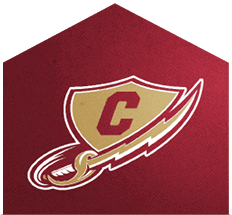 A stylized logo featuring a gold shield with a red letter C and a curved sword extending from the shield on a dark red textured background. Description generated by AI