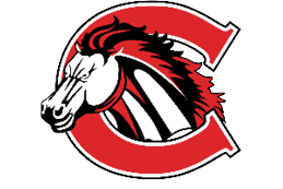 A stylized horse head with a flowing mane in black and red is positioned in front of a large red letter C outlined in black and white. Description generated by AI