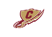 A maroon and gold emblem features a stylized letter C on a shield with a curved sword crossing diagonally beneath it. Description generated by AI