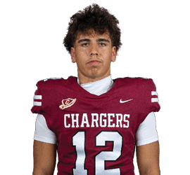 A person wearing a maroon football jersey with the number 12 and the word Chargers stands against a white background. Description generated by AI