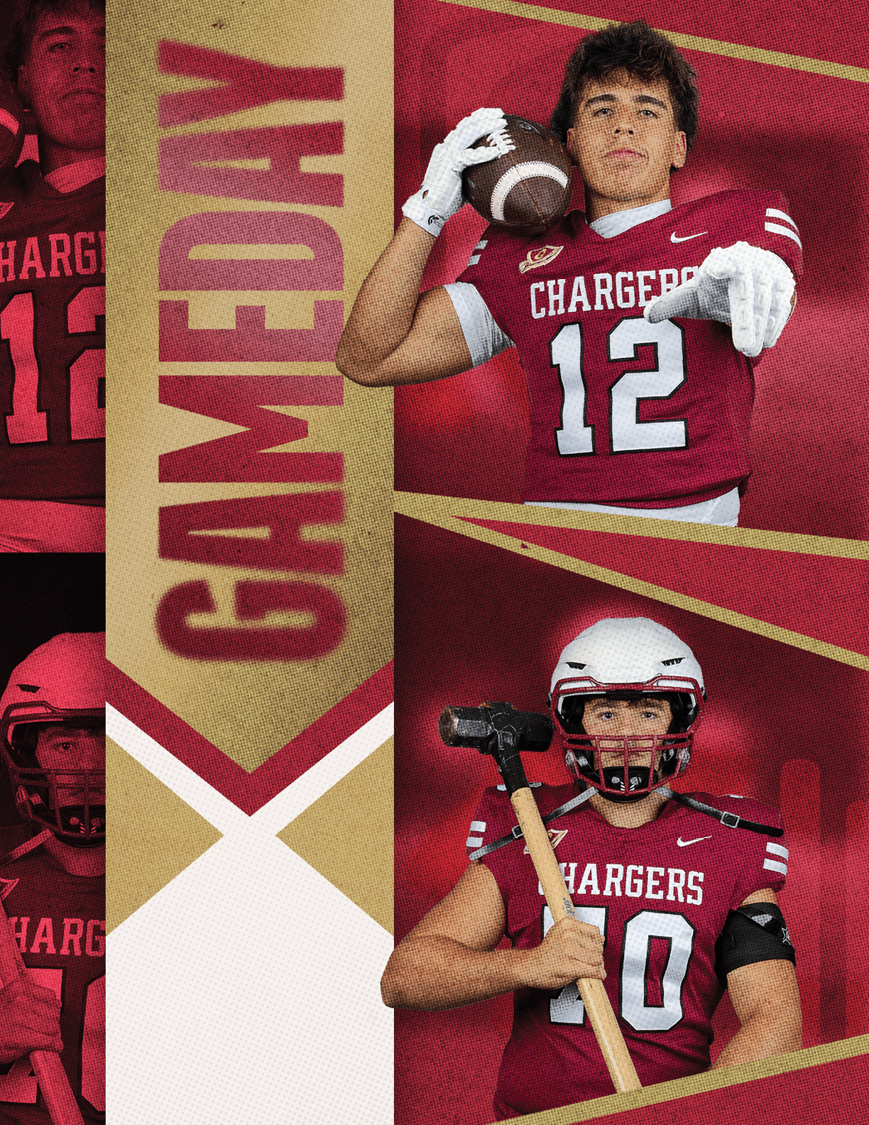 Two people wearing red Chargers football uniforms pose with one holding a football and the other holding a sledgehammer, with the word GAMEDAY displayed vertically between them. Description generated by AI
