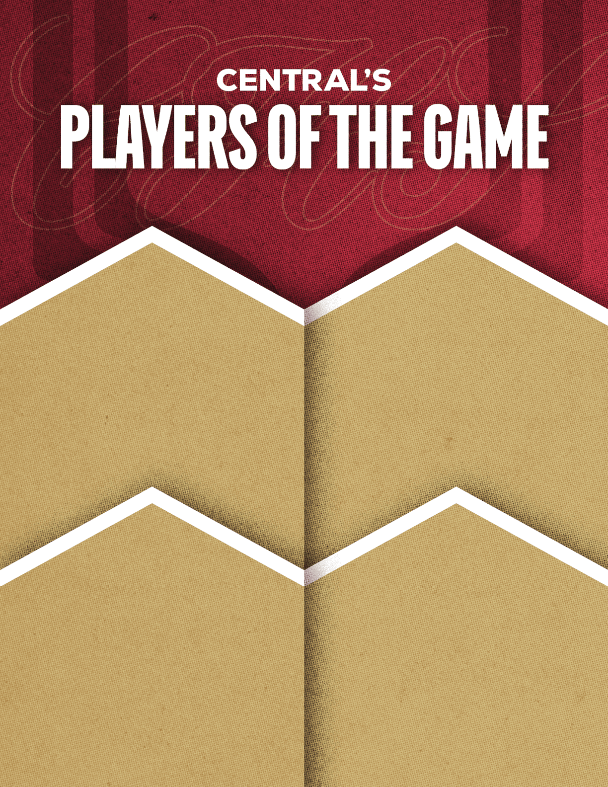 Central's Players of the Game text is displayed on a red and gold geometric background. Description generated by AI