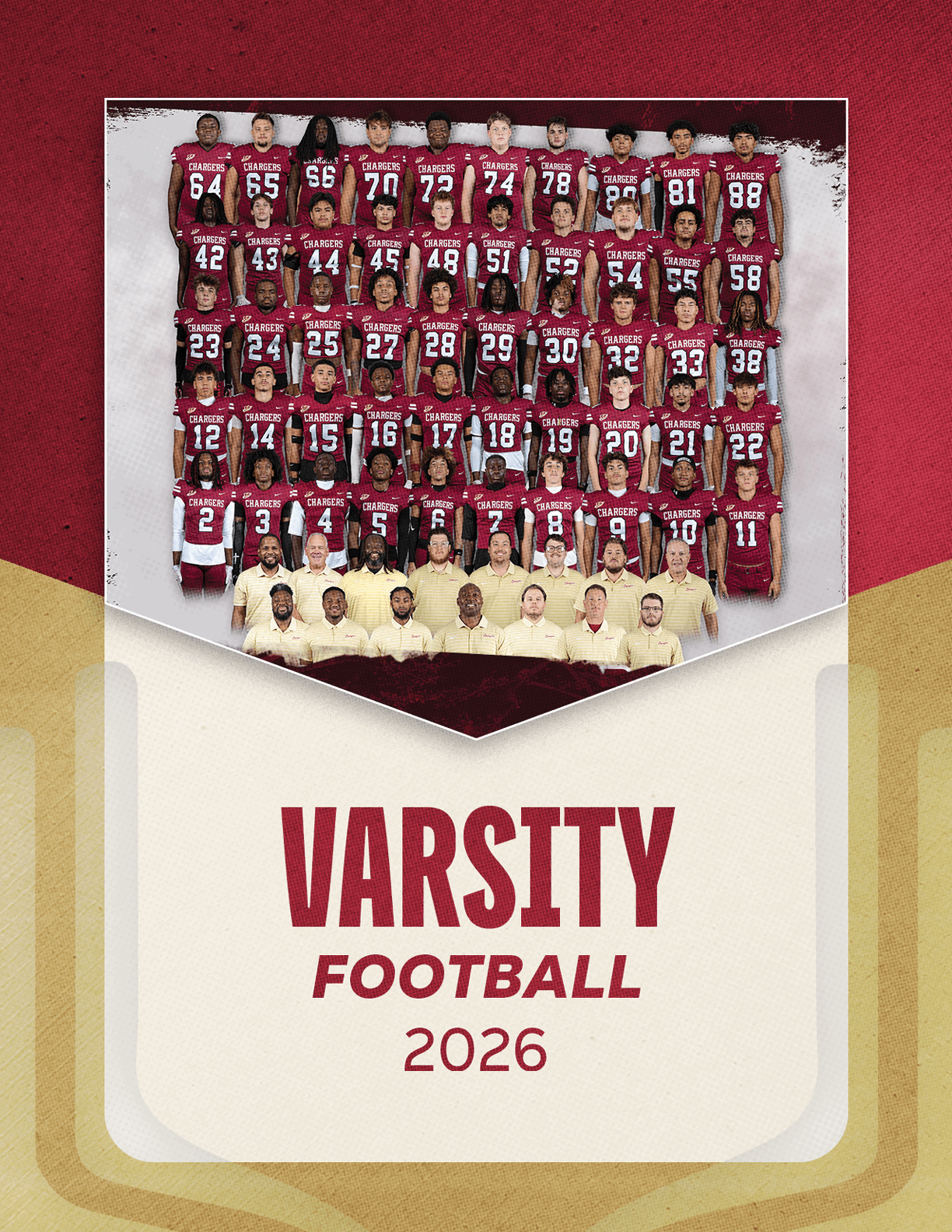 A formal group photo of a varsity football team in maroon uniforms with coaches in light-colored shirts arranged in rows above the text “VARSITY FOOTBALL 2026" on a textured background. Description generated by AI