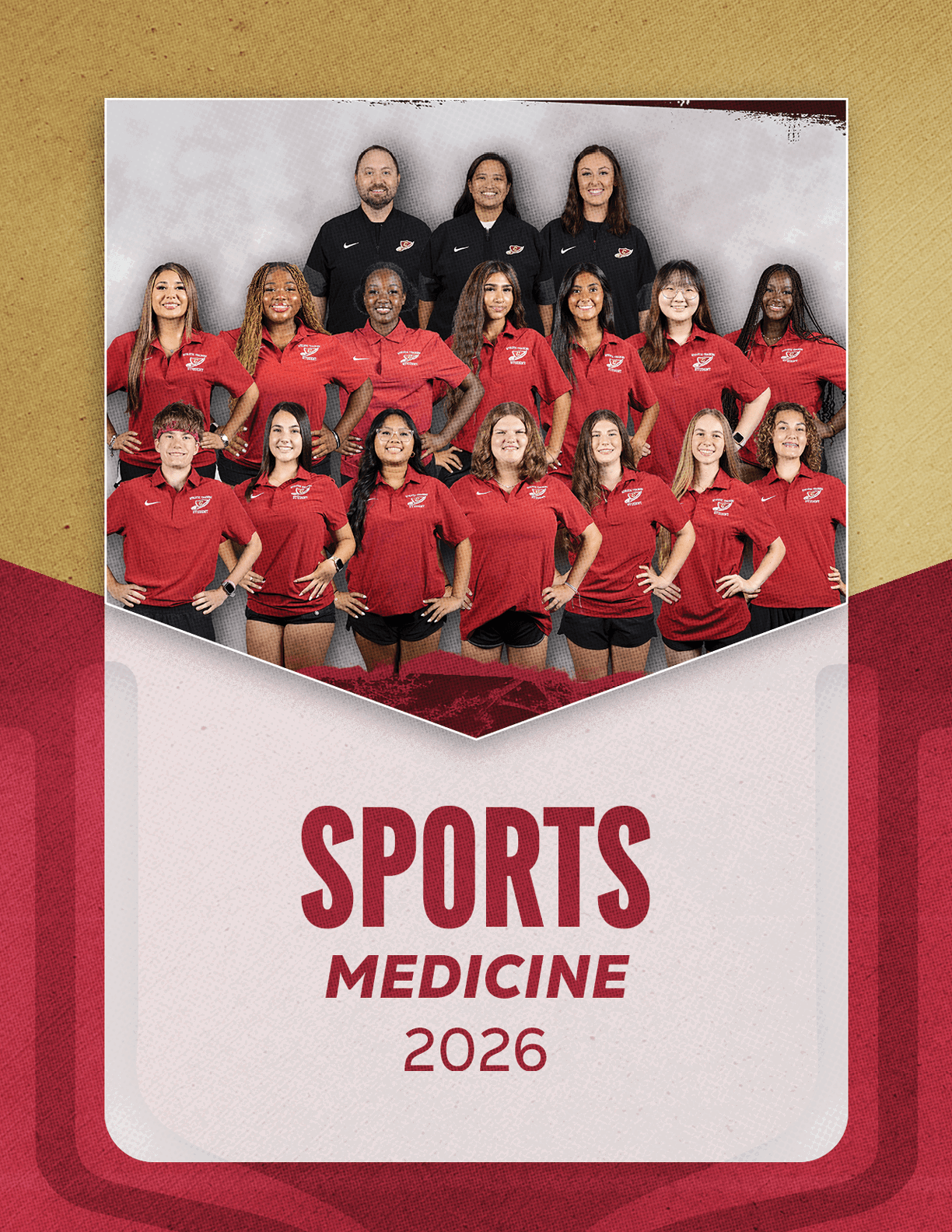 A group of adults wearing matching red and black sports uniforms pose together above the text sports medicine 2026 on a textured background. Description generated by AI