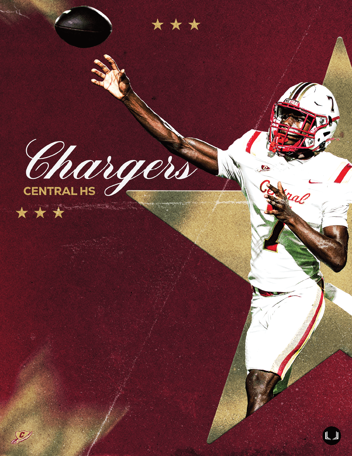 A person in a white football uniform with red accents is throwing a football against a maroon background with a large gold star and the text “Chargers Central HS." Description generated by AI