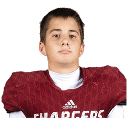A person wearing a maroon football jersey with the word “CHARGERS," the number six, and white wristbands. Description generated by AI