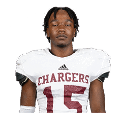 Person wearing a white football jersey with the word “CHARGERS" and the number 15 in maroon, along with an Adidas logo. Description generated by AI