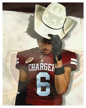 A person wearing a football jersey with the number six and the word Chargers is holding a white cowboy hat over their head while wearing a black glove on one hand. Description generated by AI