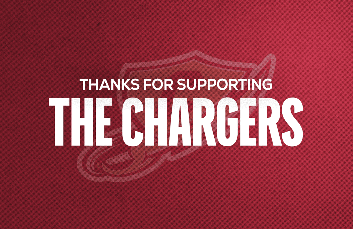 Thanks for supporting the Chargers is displayed in bold white text on a textured red background. Description generated by AI