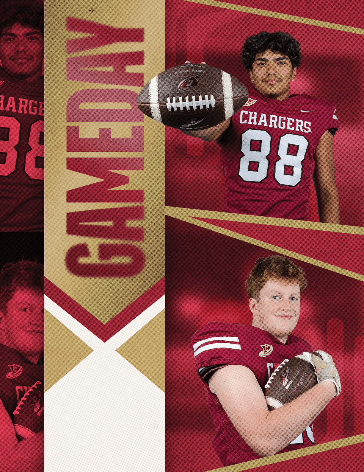 Two people wearing maroon football jerseys with the number 88 hold footballs against a maroon and gold background with the word GAMEDAY in large letters. Description generated by AI