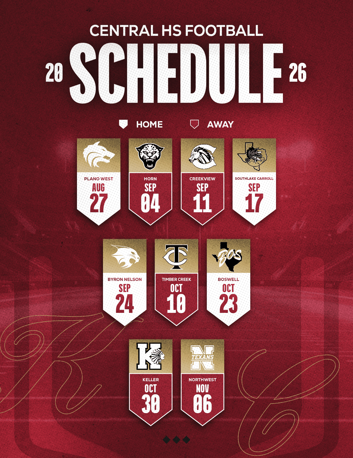 Central High School football schedule for 2026 displays home and away games with dates and team logos on a maroon textured background. Description generated by AI