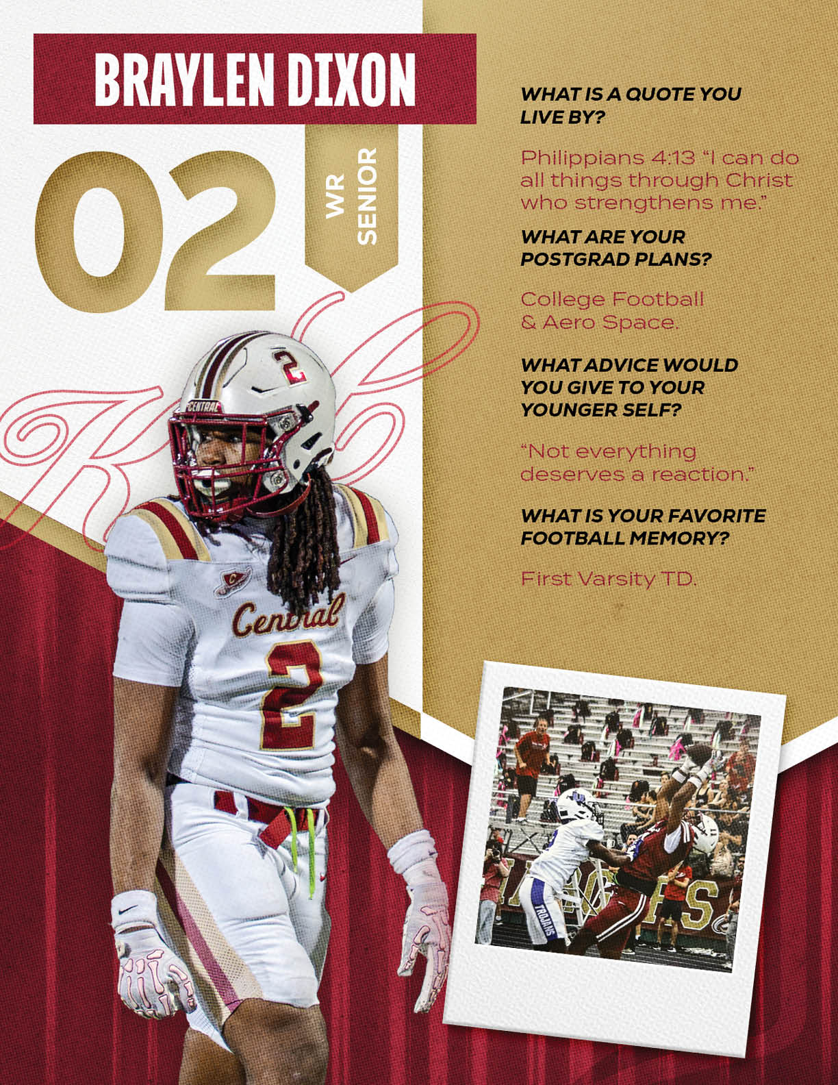 A football player wearing a white uniform with the number 2 and a helmet stands next to text highlighting personal quotes, postgrad plans, advice, and a favorite football memory, alongside a small action photo of a football game. Description generated by AI