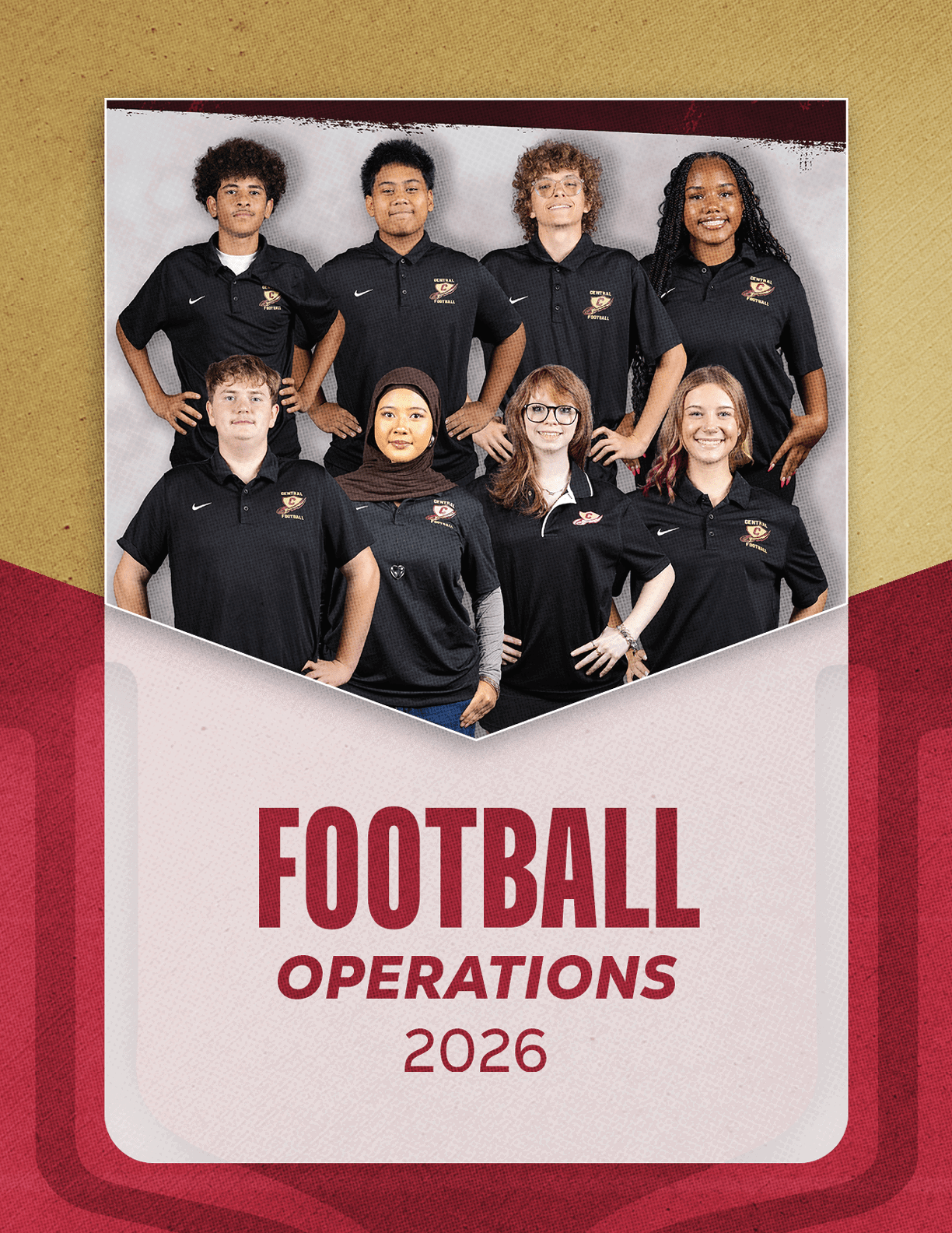 A group of eight adults wearing matching black polo shirts pose together above bold text that reads football operations 2026 on a maroon and beige background. Description generated by AI