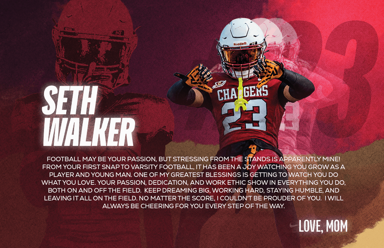 A person in a red football uniform with the number 23 is shown alongside a motivational message from a mother expressing love and encouragement to her child named Seth Walker. Description generated by AI