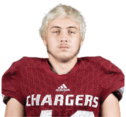 Person with light-colored hair wearing a maroon football jersey with the word “CHARGERS" and the number 40 on the front. Description generated by AI