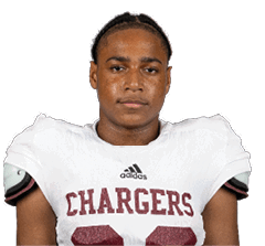 A person wearing a white football jersey with the word Chargers and the number 28 stands against a white background. Description generated by AI