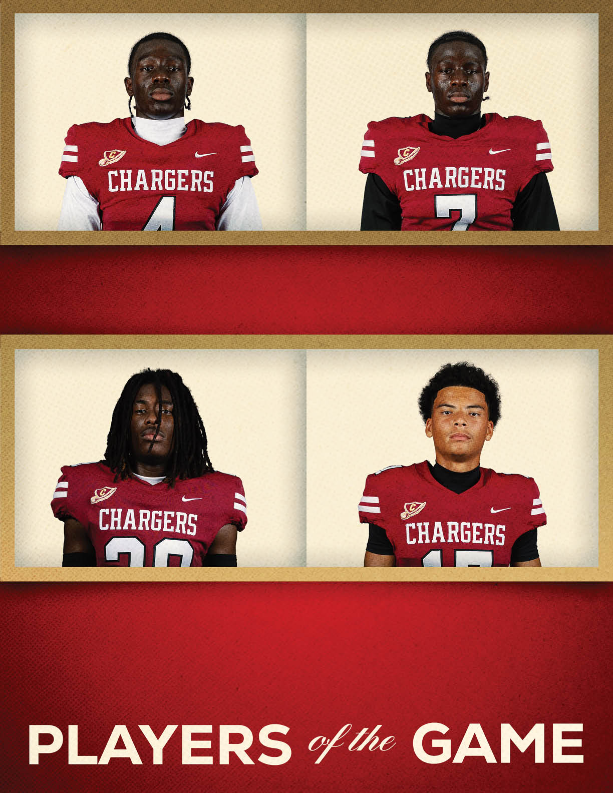Four people wearing red Chargers football jerseys are shown in a grid layout with the text Players of the Game below them. Description generated by AI