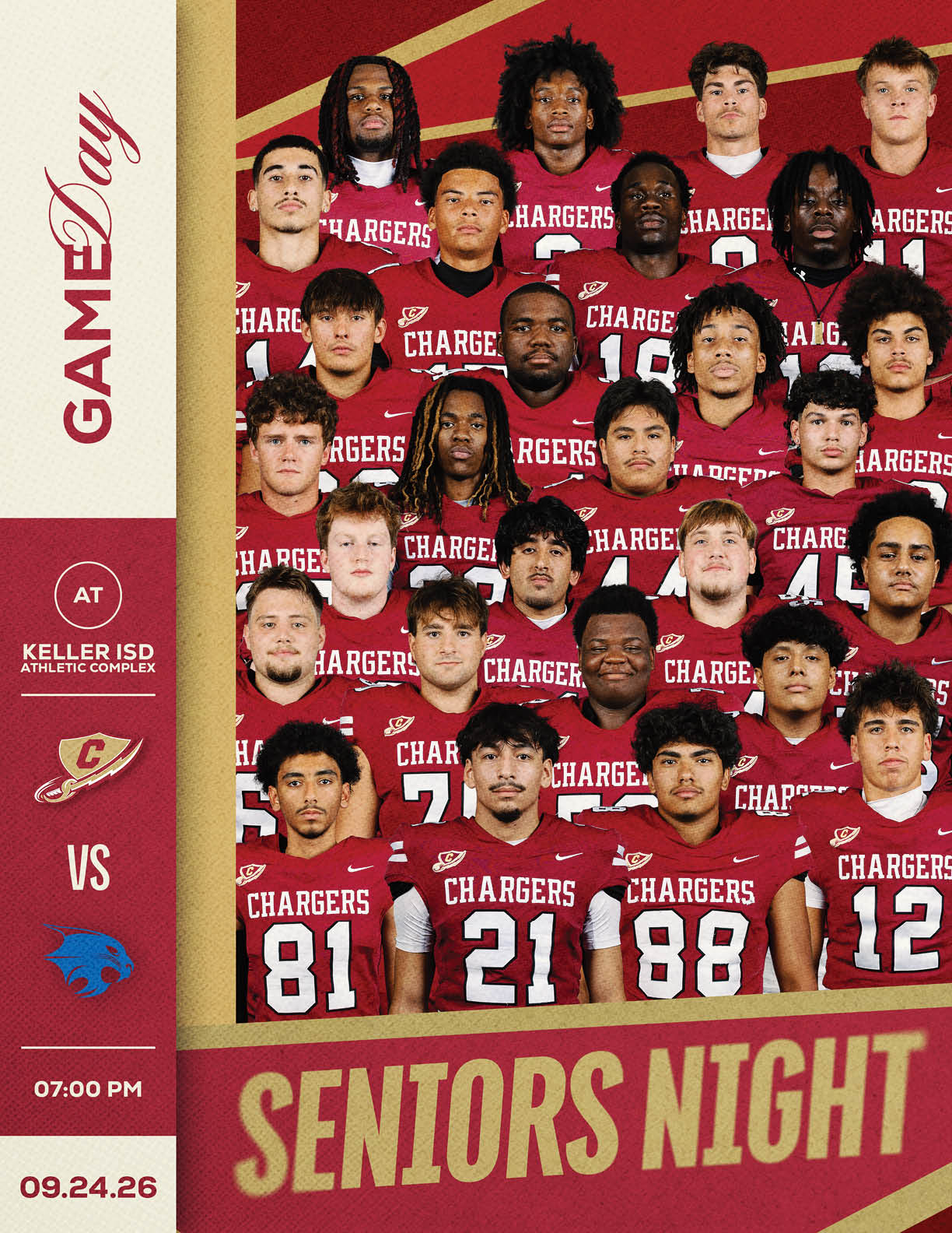 A group of people wearing matching red sports jerseys pose together for a team photo with text indicating a game day event for seniors night at Keller ISD Athletic Complex. Description generated by AI