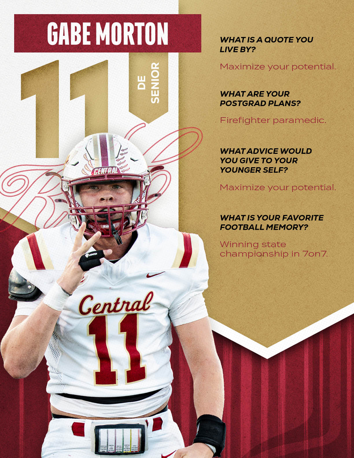 A person wearing a football uniform with the number 11 and a helmet is posing with one hand raised near their face, alongside text highlighting their name Gabe Morton, senior status, and quotes about maximizing potential, postgrad plans as a firefighter paramedic, advice to younger self, and favorite football memory. Description generated by AI