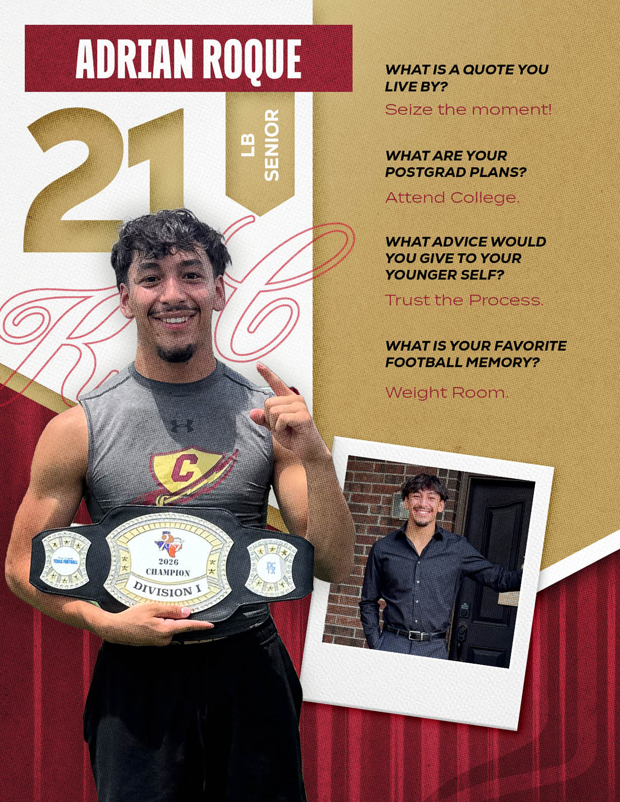 A person wearing a sleeveless athletic shirt holds a championship belt and smiles, with a smaller photo of the same person dressed in a button-up shirt, alongside text about their name, position, senior status, and personal quotes. Description generated by AI