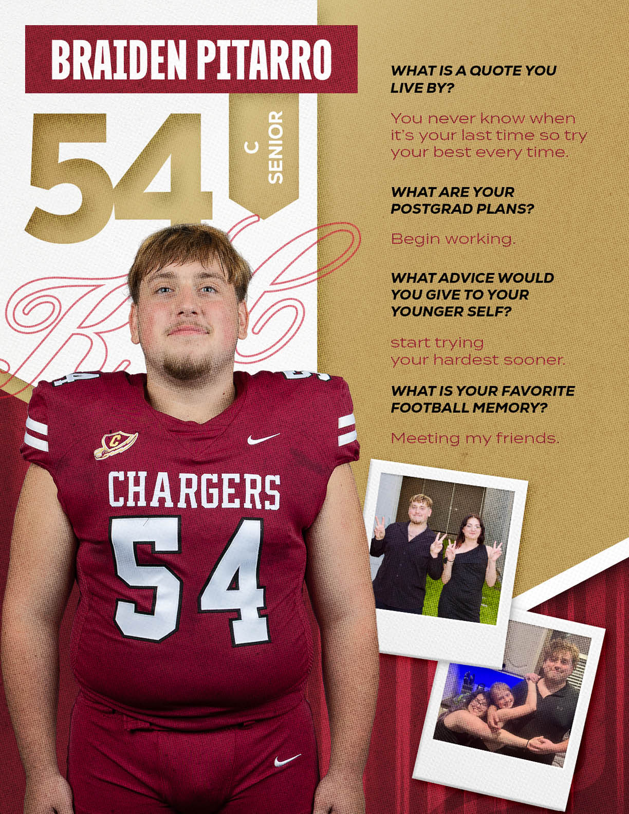 A person wearing a maroon football uniform with the number 54 stands in front of a graphic background featuring their name Braiden Pitarro, senior status, and text about their favorite quote, postgrad plans, advice to younger self, and favorite football memory alongside two small photos of the person with others. Description generated by AI